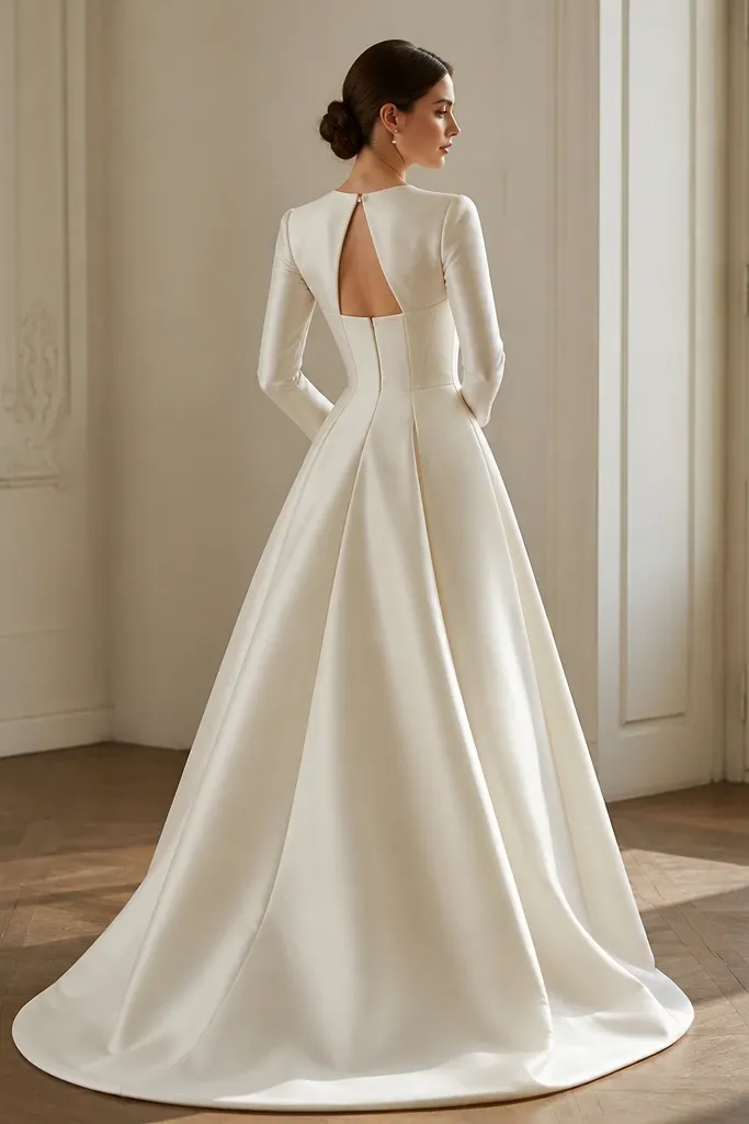 A champagne-leaning ivory bridal dress with long fitted sleeves and a corset-style bodice. The back has a small keyhole opening at the center, framed by satin-covered seams, and the skirt looks crisp with a slight A-line structure.
