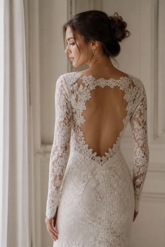 An ivory gown covered in Alençon lace with long sleeves. The back is backless but framed by scalloped lace edging around a sheer illusion panel, creating a lace “halo” effect across the shoulder blades.