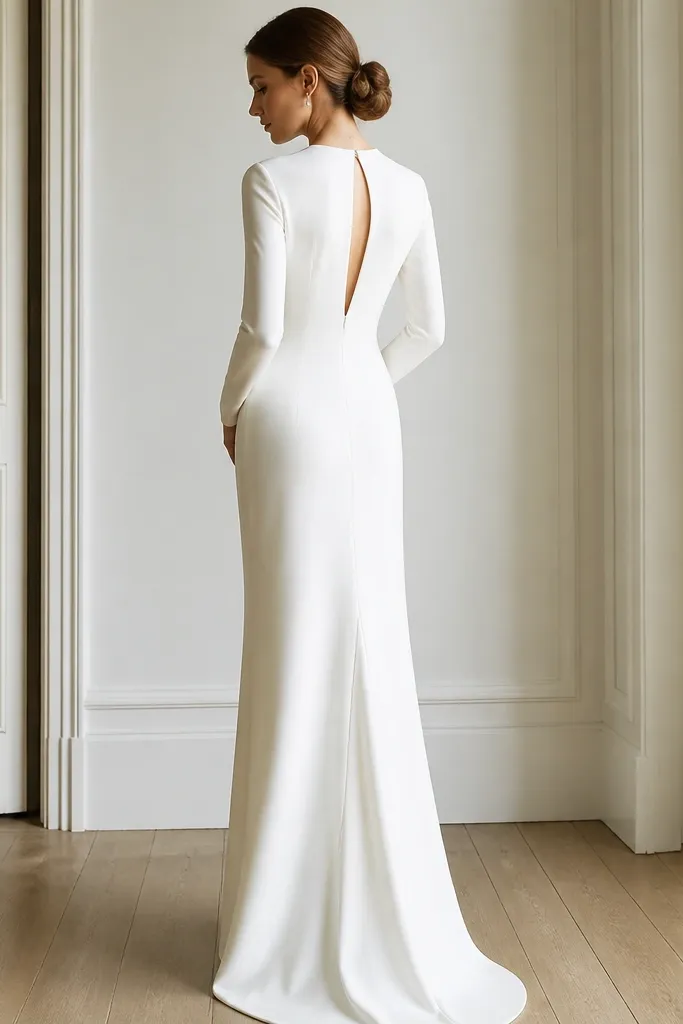 A matte ivory crepe wedding dress with long sleeves and a sleek column silhouette. The back shows a narrow, minimal cut-out near the upper spine, with a clean seam finish and no visible lace overlay.