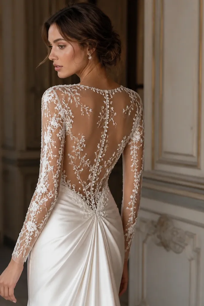 A sheer illusion long-sleeve bodice with delicate floral vine appliqués. The back is open with a sheer mesh panel covered in vine detailing, and the skirt is softly draped with a subtle sheen.