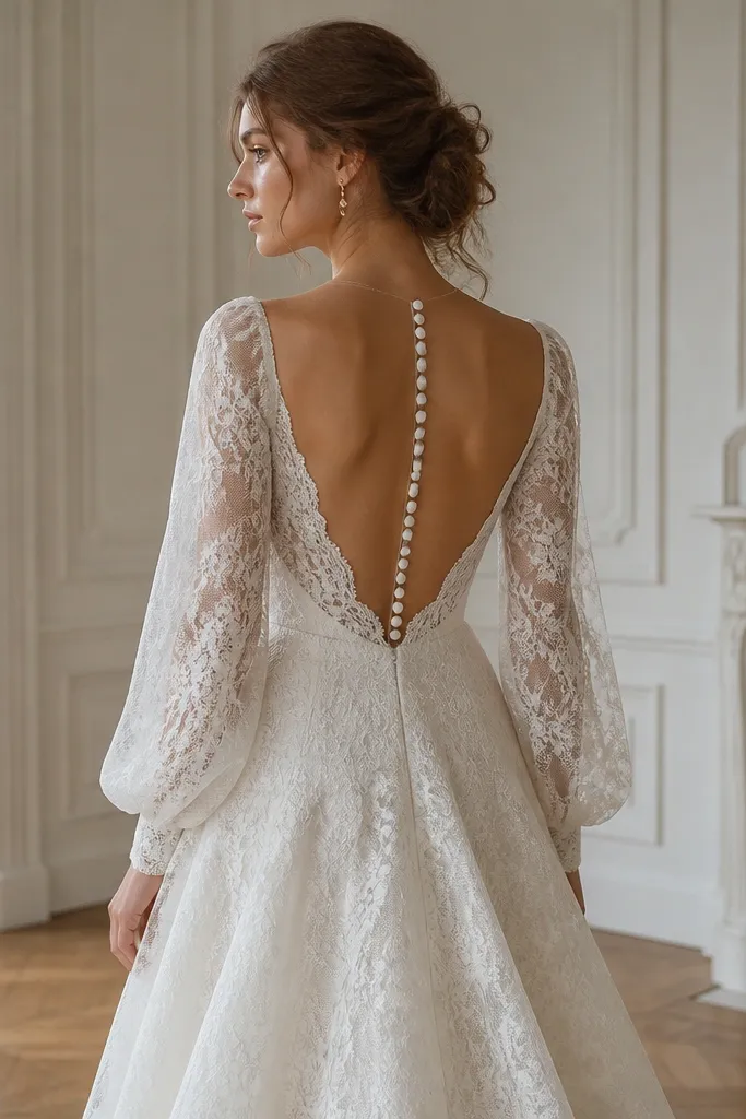 A lace-overlay wedding dress with bishop sleeves (full at the upper arm, gathered at the cuff). The back is low and open with a vertical buttonline down the center, ending near the waist.