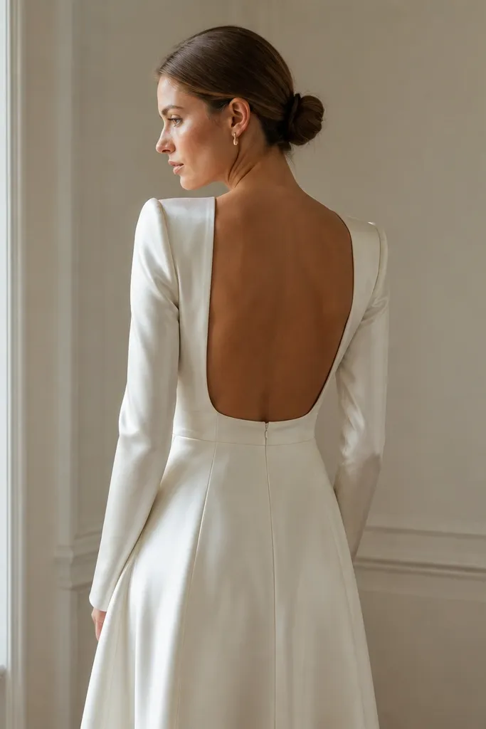 A structured ivory satin gown with fitted long sleeves and a strong waist seam. The back opening is a straight U-shape that’s wider at the bottom than the top, with clean satin edges and a glossy, sculpted finish.