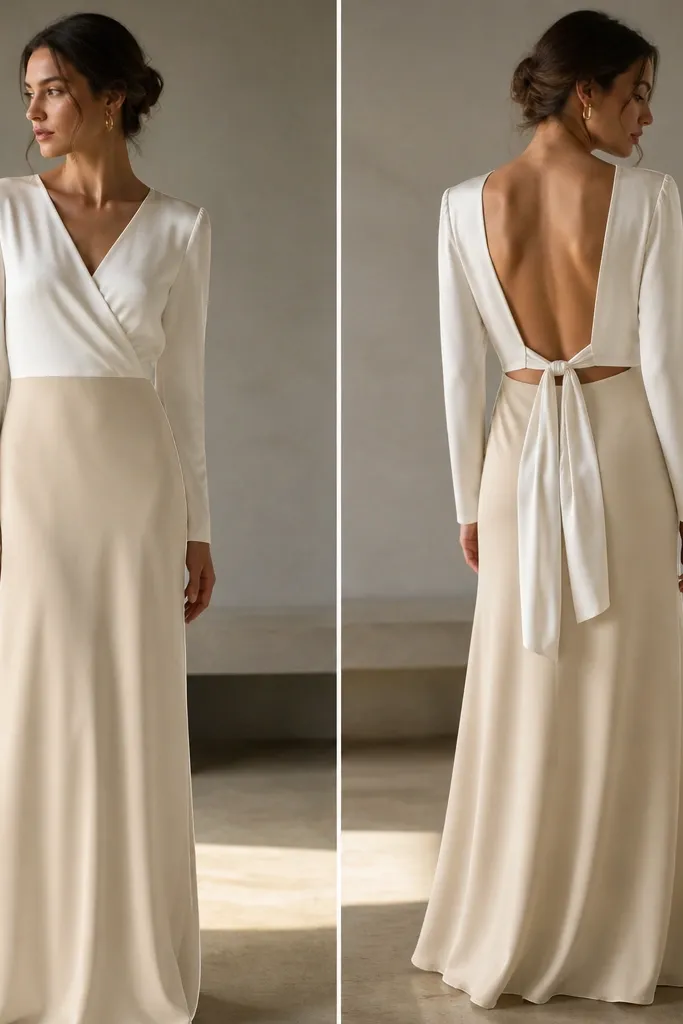 A two-tone look in ivory satin crepe with a wrap-style bodice and long sleeves. The back is open and secured with a satin tie that sits at mid-back, while the skirt falls in a soft, fluid line.