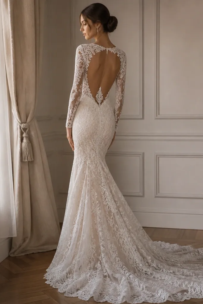 A lace mermaid wedding dress with long sleeves and a fitted silhouette. The back is open with an illusion panel, and there’s a central appliqué panel at the waist that adds structure where the silhouette curves.
