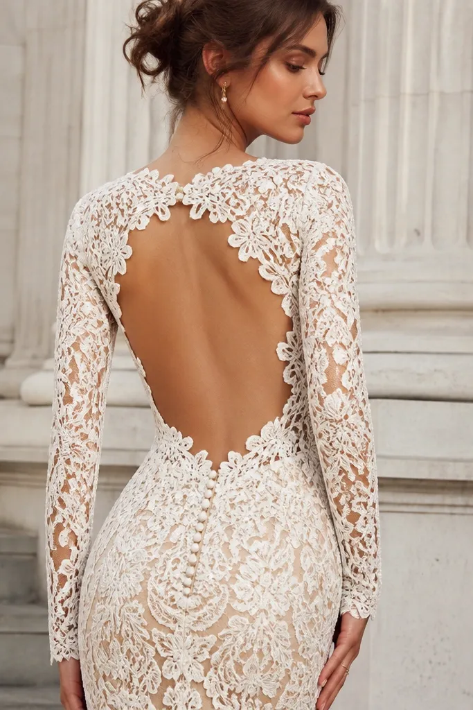 An ivory guipure lace wedding dress with long sleeves over a nude-toned underlay. The back is backless with a nude illusion section, and the lace pattern looks bold and dimensional across the shoulders and back opening.