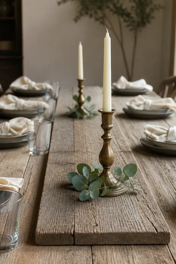 A long rustic dining table with a reclaimed wood runner. On top sit two antique-gold metal candle sconces holding taper candles, with small sprigs of eucalyptus tucked at the base. Cream napkins are folded beside each place setting.