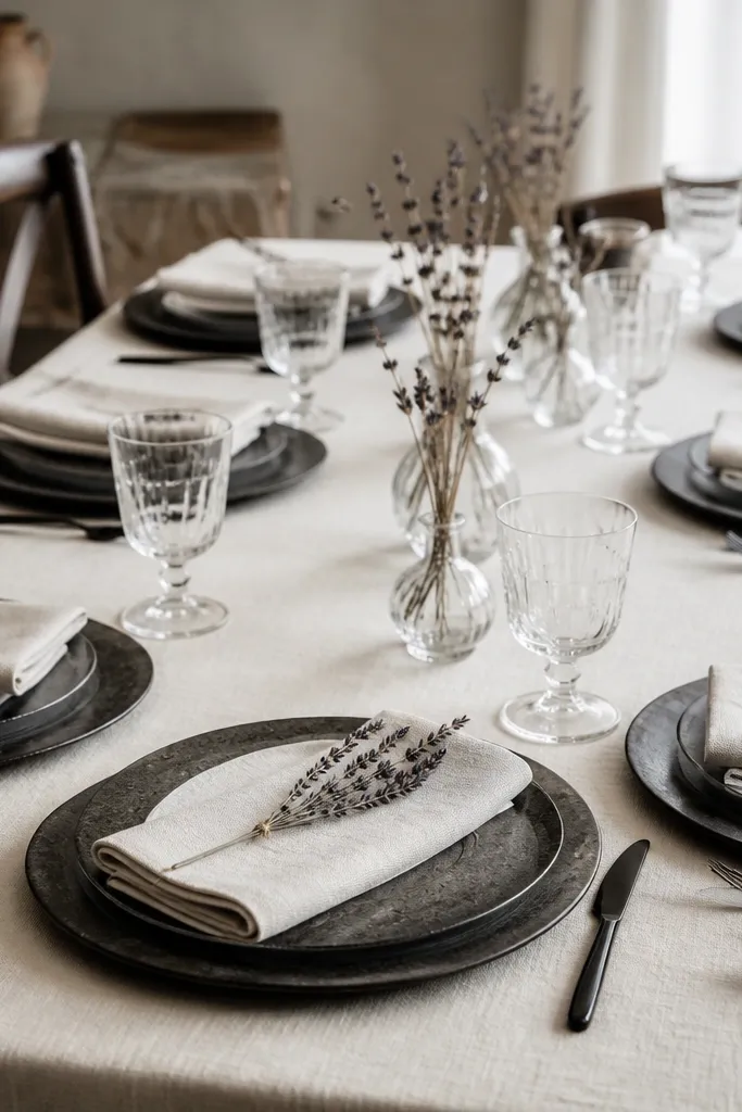 A dining table styled with a crisp cream linen tablecloth. Each place setting includes blackened iron-style chargers and matte black cutlery. Small sprigs of dried lavender sit in clear glass bud vases.