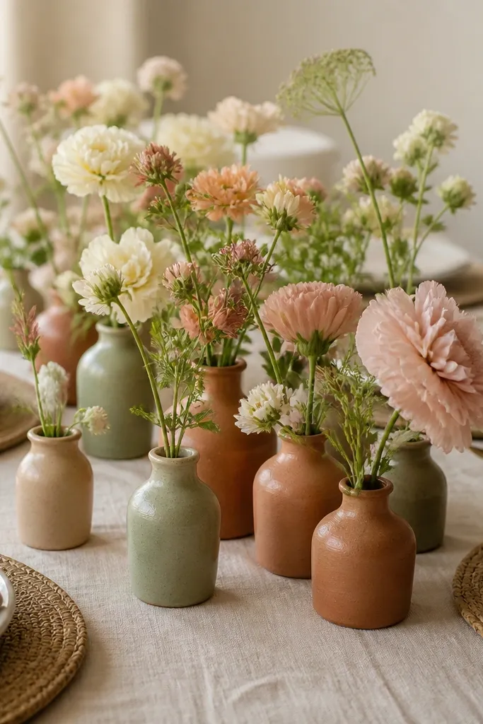 Multiple small bud vases in muted terracotta and sage are grouped in clusters along the center of the table. The flowers are soft-toned (cream, pale pink, dusty peach) with green stems. The background shows linen and simple charger plates.