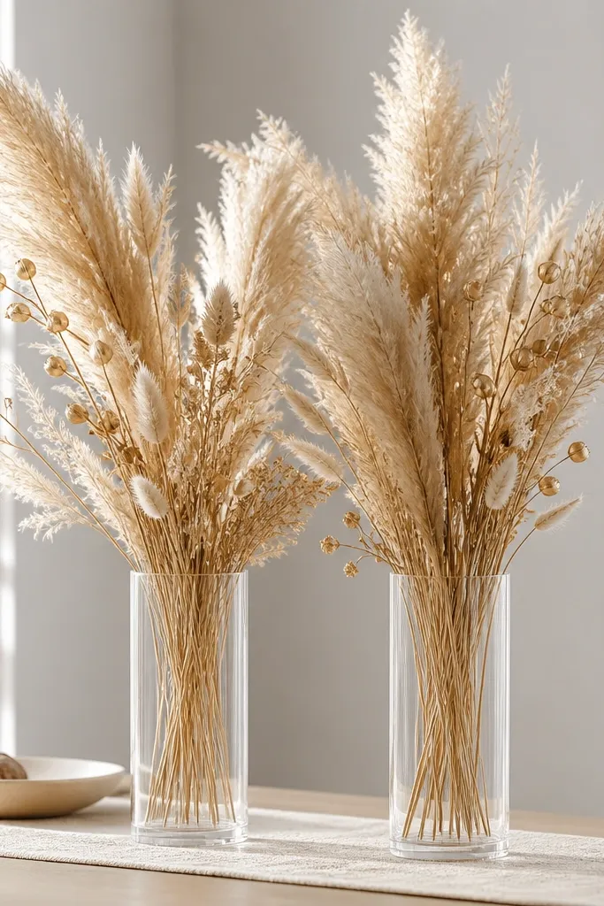 Two tall clear glass vases sit on a neutral table runner. Each vase holds airy pampas grass with feathery plumes in ivory and light beige. Thin gold stems and a few dried seed pods add sparkle.