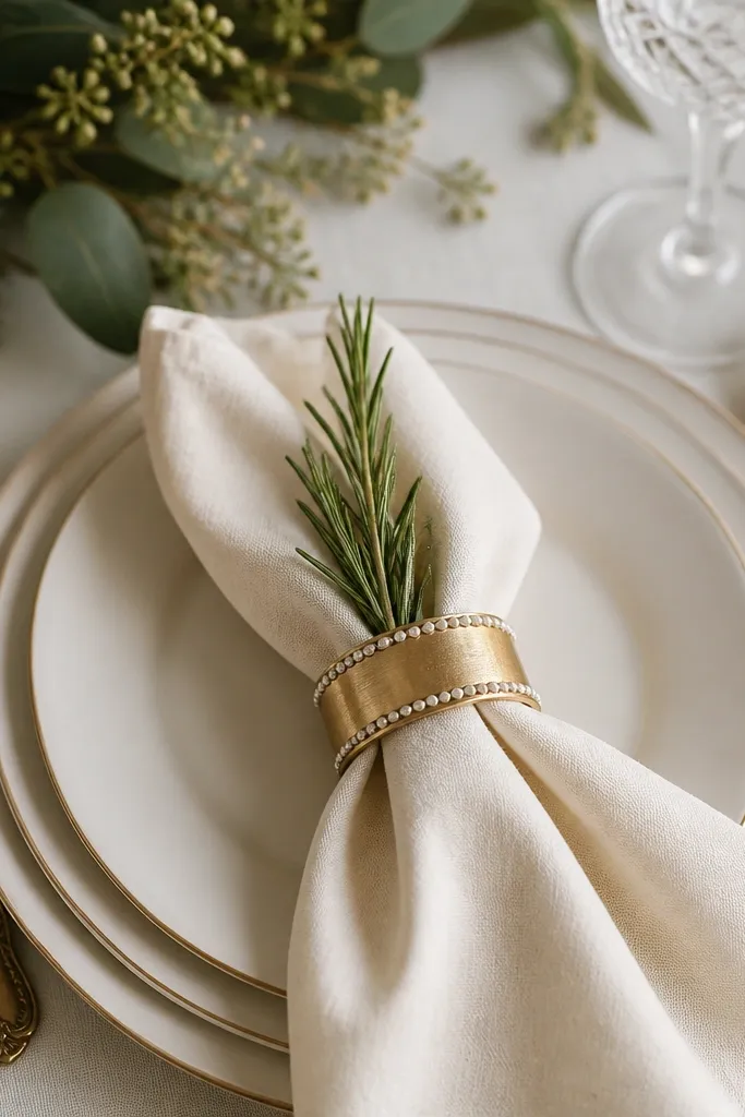 Close-up of place settings: antique gold flatware and cream napkins wrapped with napkin rings that have a subtle pearl edge. A small sprig of rosemary sits on each napkin fold.