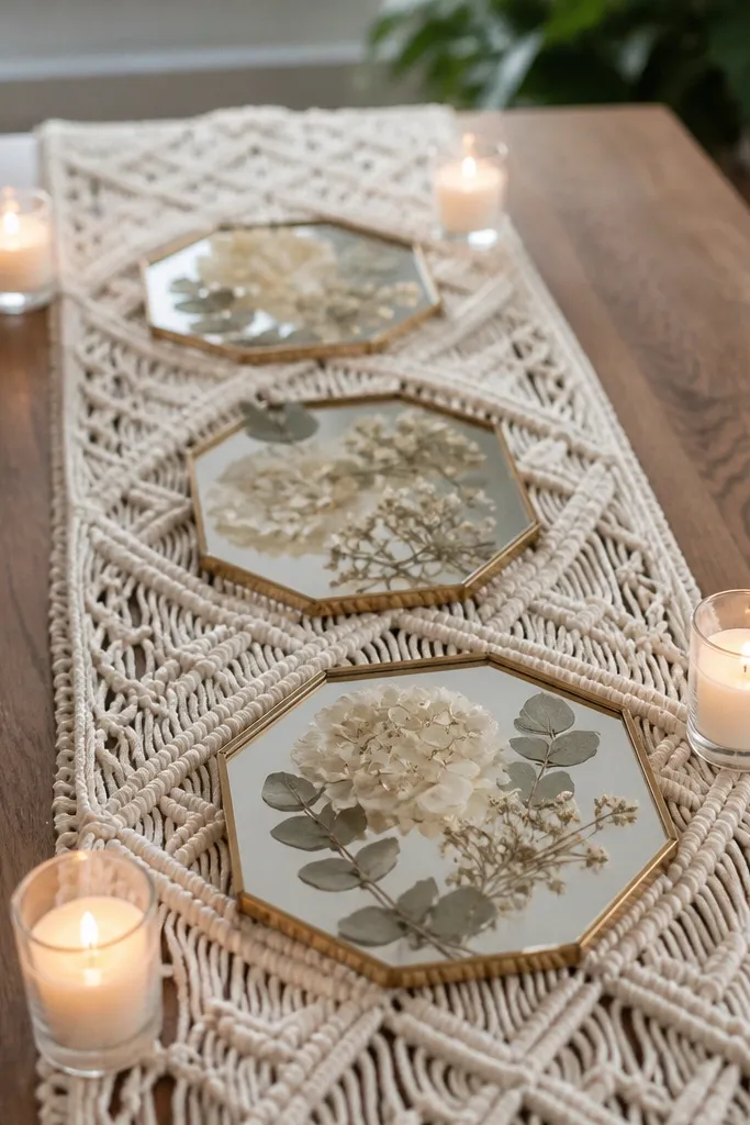 A macramé table runner stretches down the center. On top are small mirrored trays holding pressed dried flowers (cream petals and muted greenery). Tiny votive candles sit in the corners.