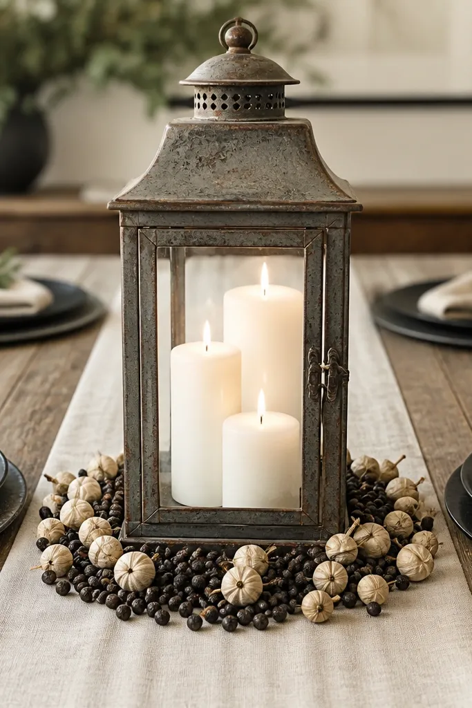 A rustic lantern sits on the table with white pillar candles inside. Around the lantern’s base is a ring of black peppercorns and scattered cream seed pods. The table has a neutral runner and simple chargers.