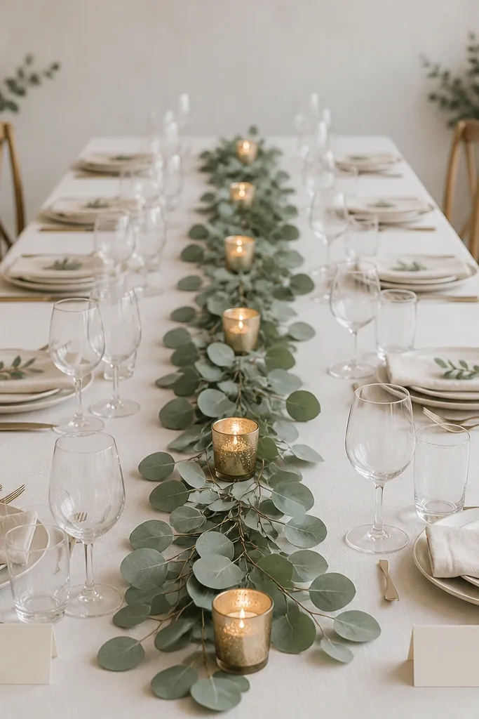 A continuous eucalyptus garland runs down the table center. Small gold tealight holders are spaced evenly along the garland, with cream candles inside. Place cards sit at each end.