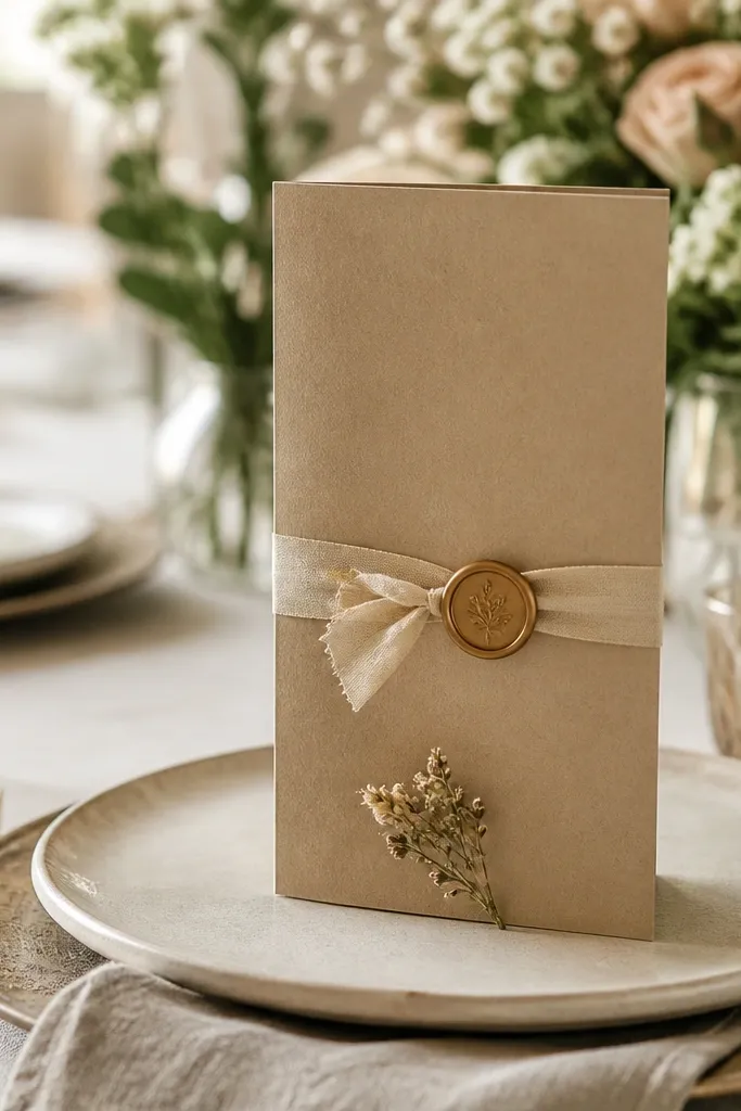 Each setting has a kraft paper menu card tied with a small linen ribbon and a wax-seal style sticker. The cards stand upright on a charger with a tiny dried flower tucked near the base.