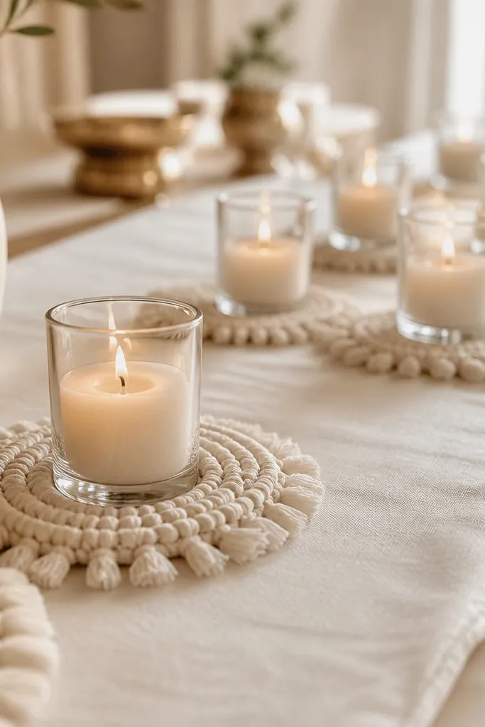 Rows of clear glass votive holders placed on neutral macrame coasters. Each votive contains a soft white candle. The color palette is cream, beige, and warm gold with minimal greenery.