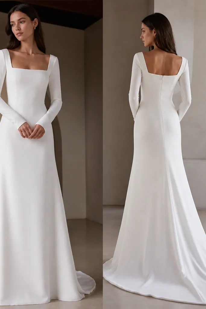 Model wearing a white crepe long sleeve wedding dress with a flat square neckline, fitted bodice, smooth long sleeves, and a subtle A-line skirt; a clean back with a concealed zipper and minimal seaming.