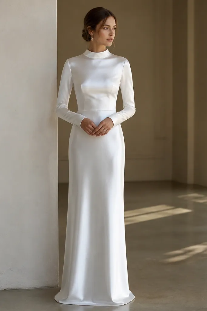 Ivory satin long sleeve wedding dress in a straight column silhouette, mock neckline, smooth fitted sleeves, and narrow fitted cuffs; glossy fabric reflects light softly.