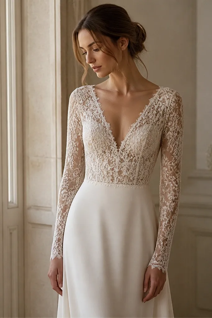Dress featuring sheer long lace sleeves and lace bodice over a smooth nude-ivory underlayer; the skirt is simple and not heavily embellished, with a modest V-shaped neckline.