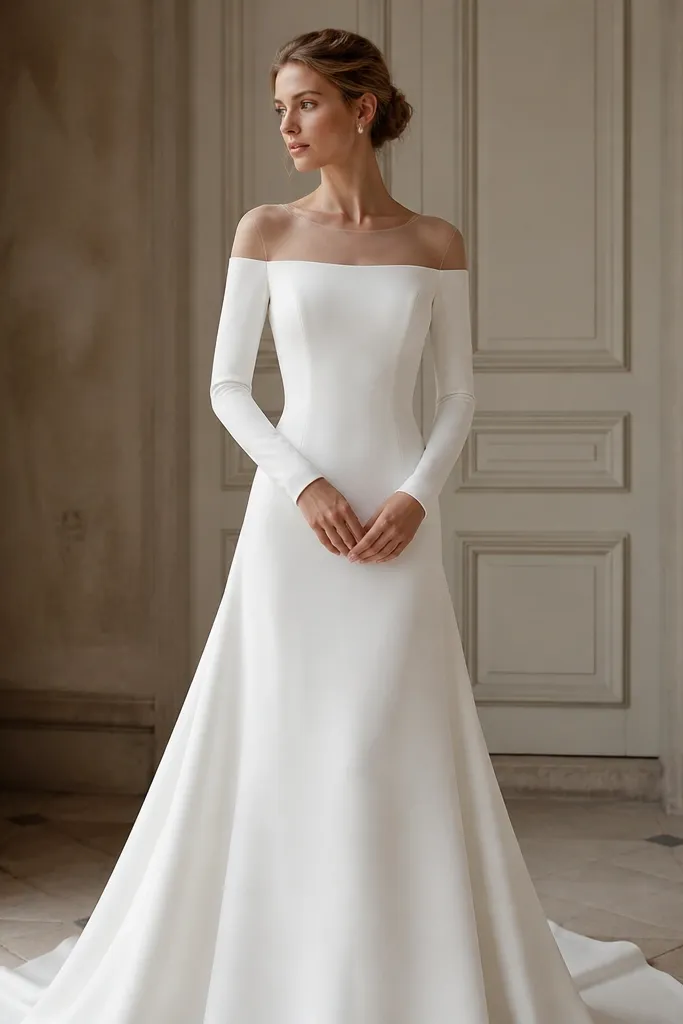 White stretch crepe wedding dress with long sleeves that appear to sit off the shoulders; a structured illusion neckline with smooth fabric and a softly flared skirt.