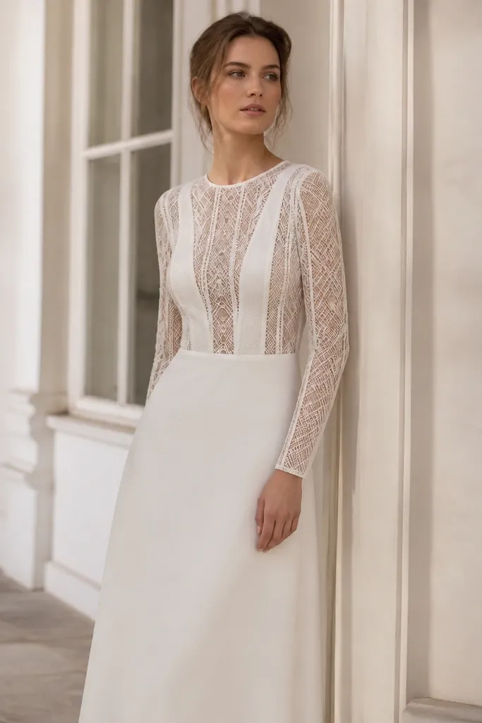 Ivory dress with long sleeves featuring geometric lace appliqué panels on a sheer base; the skirt is mostly solid with minimal texture and a straight or slight A-line shape.