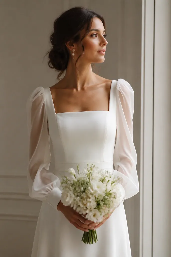 Two-tone-feel wedding dress in white: sheer organza long sleeves with a subtle puff at the shoulder, paired with a smooth crepe skirt; minimal bodice embellishment.