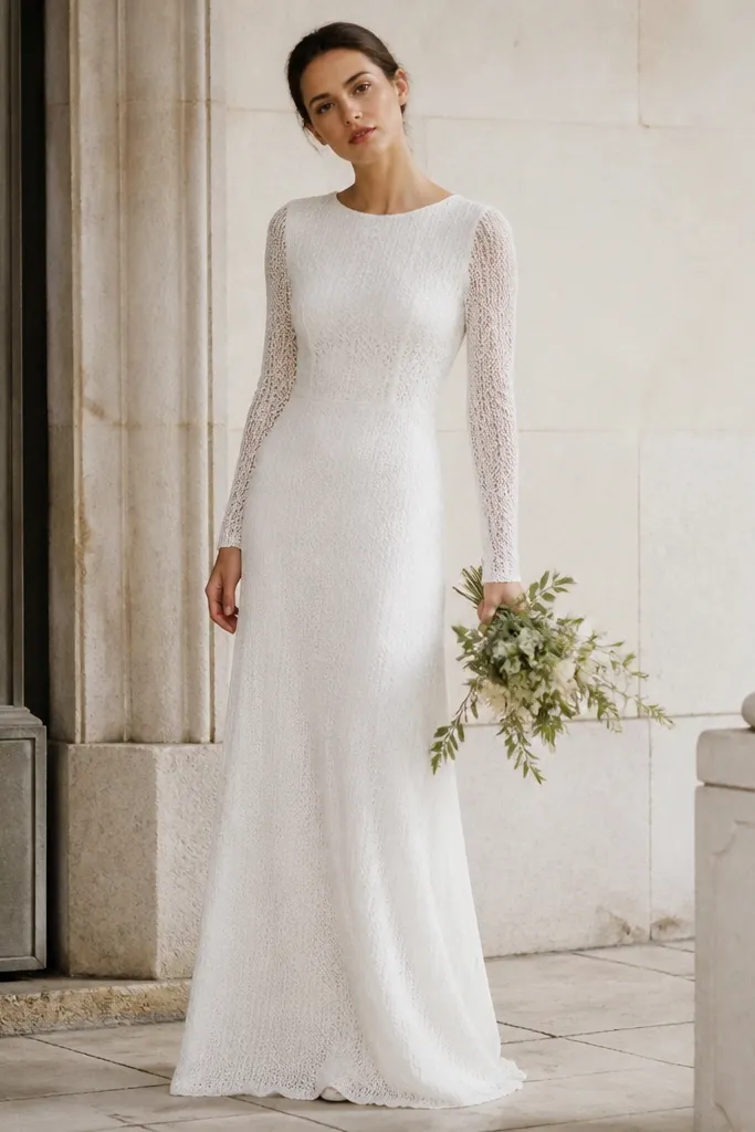 Soft white pointelle-knit long sleeve wedding dress with a lightly fitted bodice, long sleeves with delicate knit texture, and minimal waist seams; skirt falls straight with gentle drape.