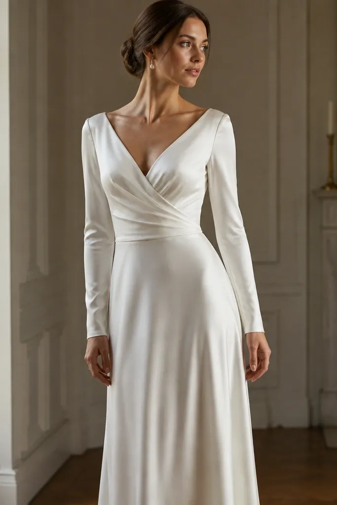 Ivory satin long sleeve wedding dress with a simple wrap-style bodice, long fitted sleeves, and a clean V neckline; the skirt is smooth and lightly fluid.