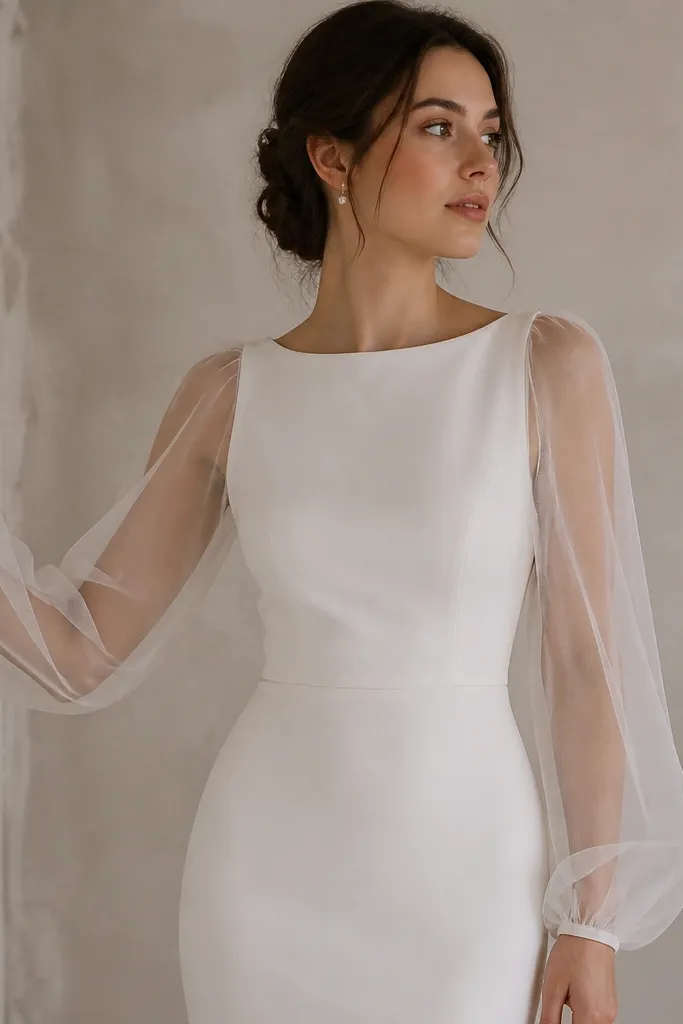 Dress with a smooth crepe bodice and skirt, plus sheer tulle long sleeves that overlay the arms; subtle sleeve volume with soft transparency.