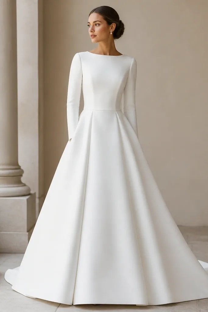White mikado long sleeve wedding dress with a structured A-line skirt, tailored bodice seams, long sleeves that hold their shape, and a modest neckline.