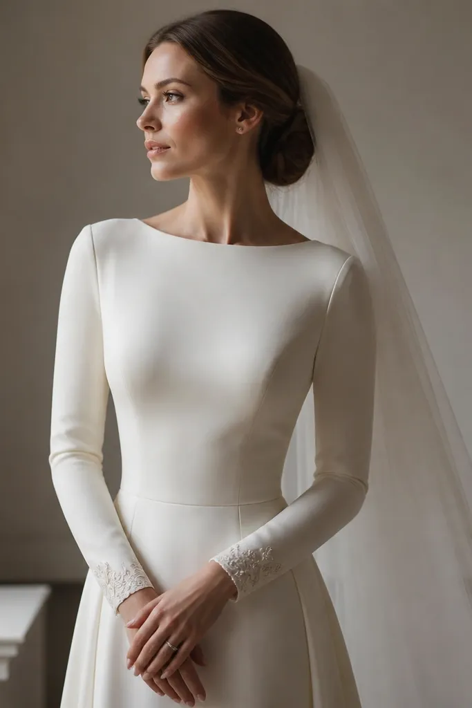 Ivory long sleeve wedding dress with plain smooth fabric on the sleeves and small embroidered detailing only at the cuffs; simple round or straight neckline and minimal ornamentation.