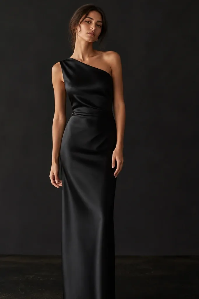 A black satin one-shoulder column dress with a smooth drape, minimal seams, and a subtle sheen that catches light; model stands in front of a dark background.