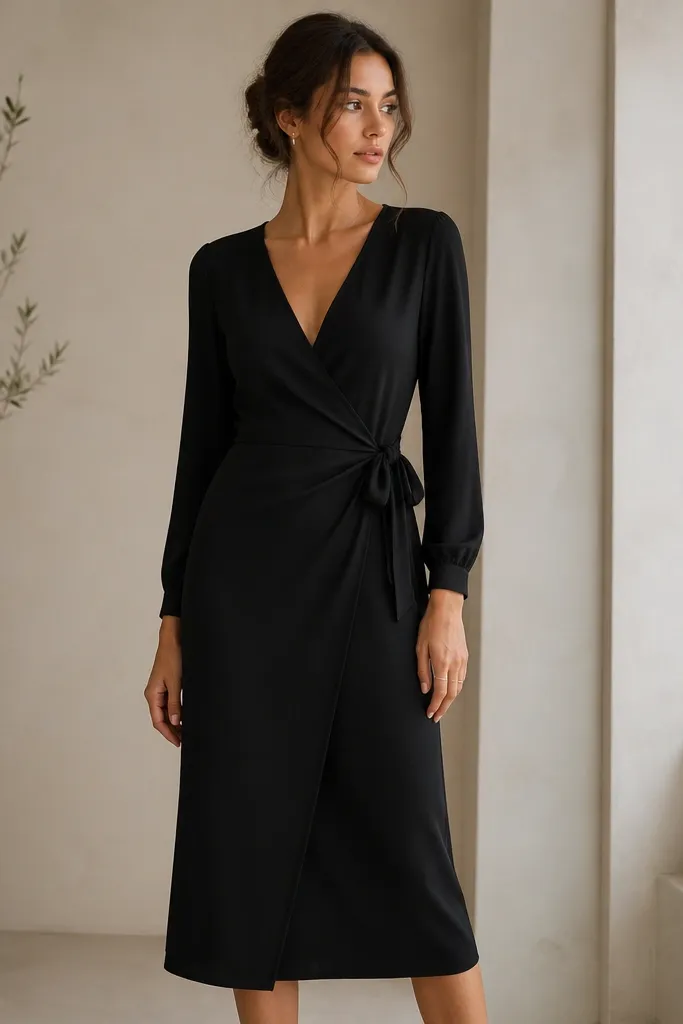 A black crepe wrap midi dress with a V-neck, long sleeves, and a neat wrap tie at the waist; the skirt falls straight to mid-calf.
