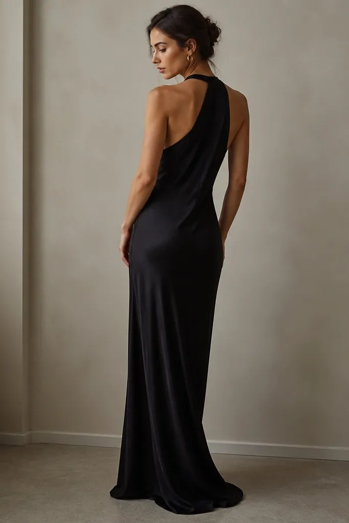 A black bias-cut slip dress with a high neckline and a simple, minimal back cut; the fabric skims the body with soft folds.