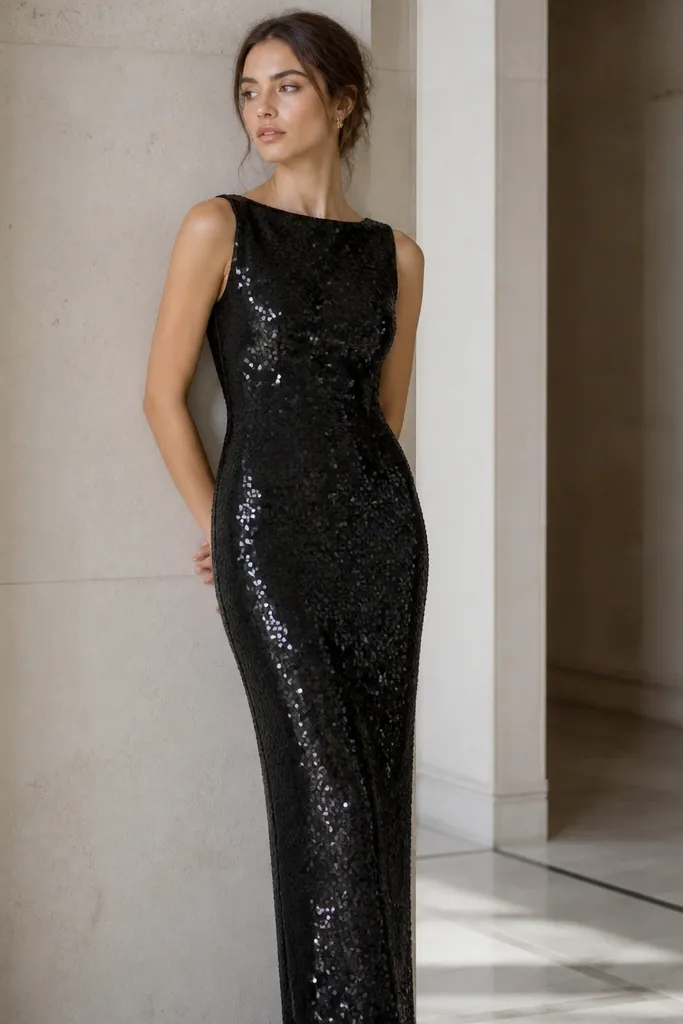 A black sequined column dress with uniform sequins all over and no specific pattern; the neckline is simple and the skirt falls straight.