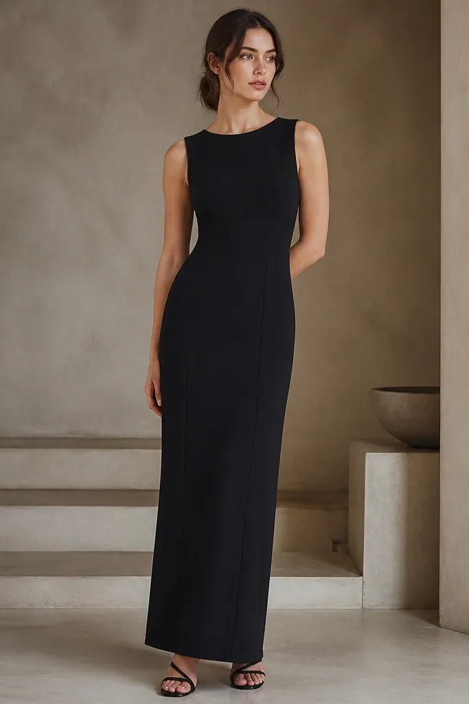 A black matte crepe dress with two vertical panel lines, no belt, and a simple round neckline; skirt is straight and ankle-length.
