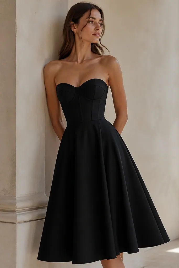A black midi dress with a structured corset-style bodice and a simple, lightly flared skirt; no embellishments except clean seams.