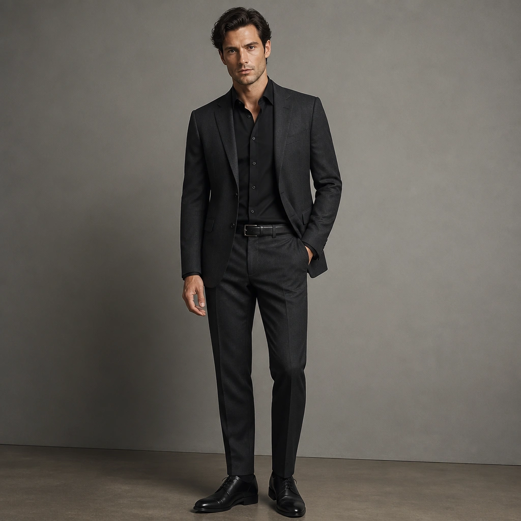 A charcoal two-piece suit with a slightly textured jacket, paired with a matte black dress shirt. The shirt has a clean spread collar and no visible pattern. Black leather Oxford shoes and a slim black belt are shown on a simple studio background.
