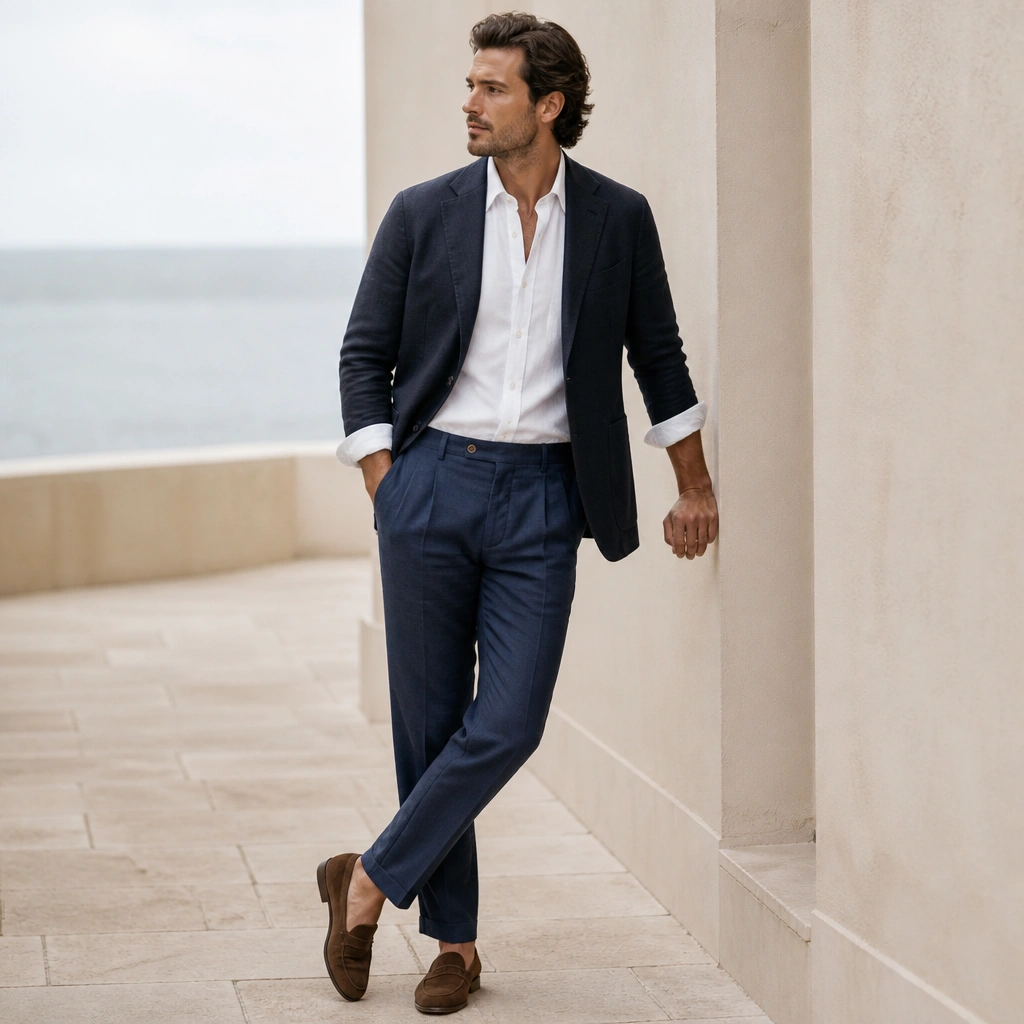 A deep navy blazer and a pair of linen-blend trousers in a lighter navy tone. The jacket has a soft shoulder and minimal lapels. A white linen shirt with rolled sleeves sits underneath. Brown suede loafers complete the look.