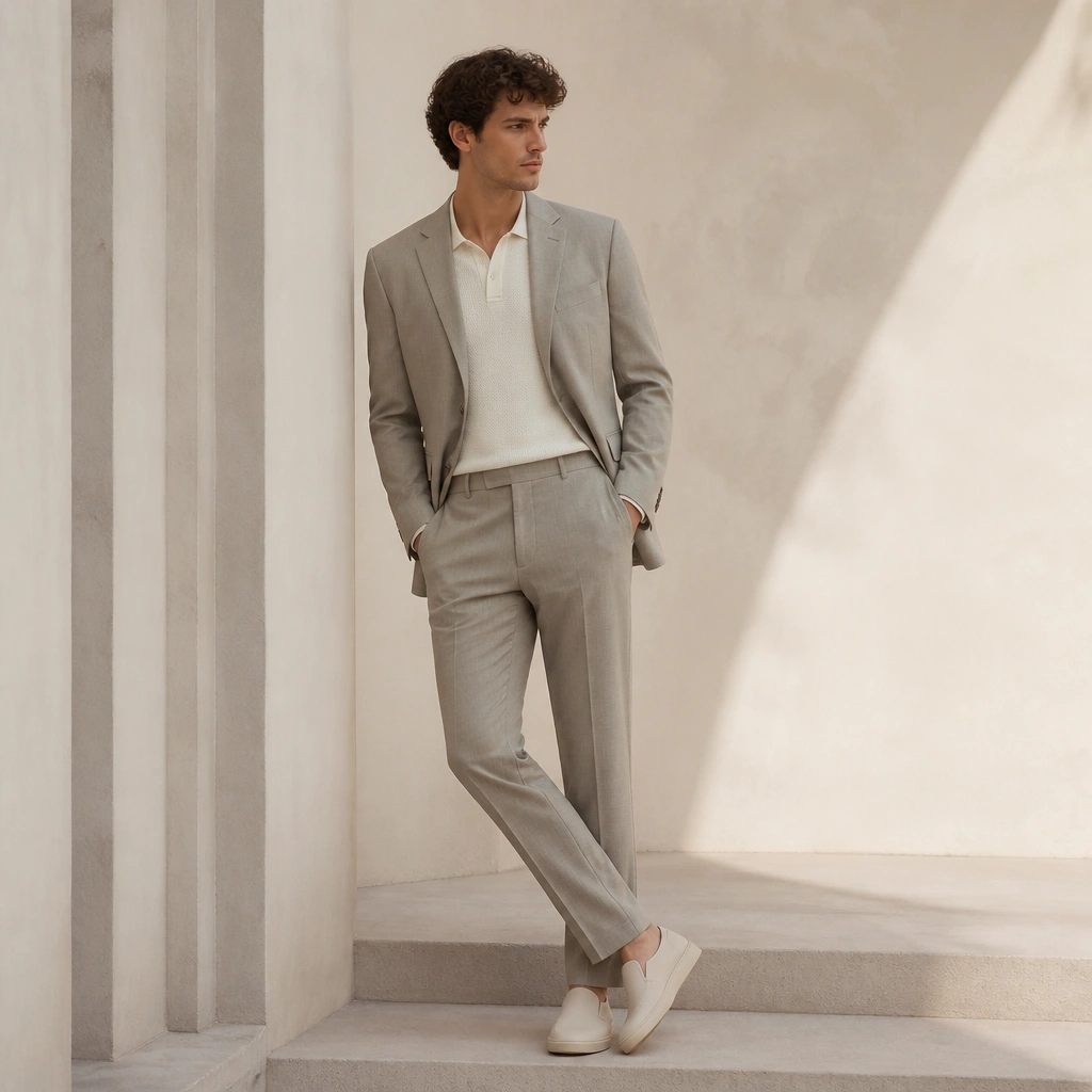 A stone-colored suit jacket and matching trousers with a soft drape. Underneath is an off-white knit polo shirt with a clean collar. The shoes are cream leather minimal sneakers or low-profile loafers. The styling is bright, airy, and minimal.