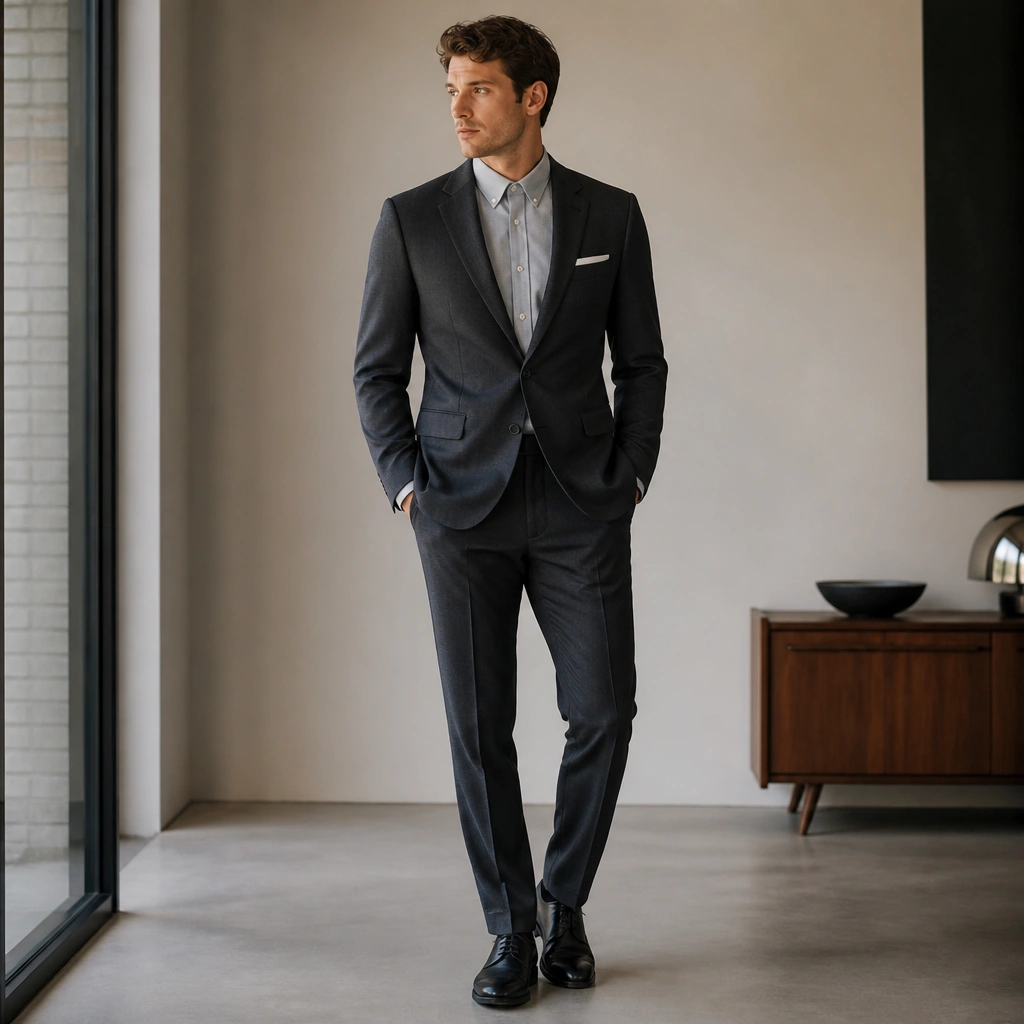 A charcoal suit with a subtle micro-texture pattern visible only up close. The model wears a light gray dress shirt with the top button closed and no tie. A simple pocket square peeks from the breast pocket in a folded white triangle. Black leather shoes are shown.