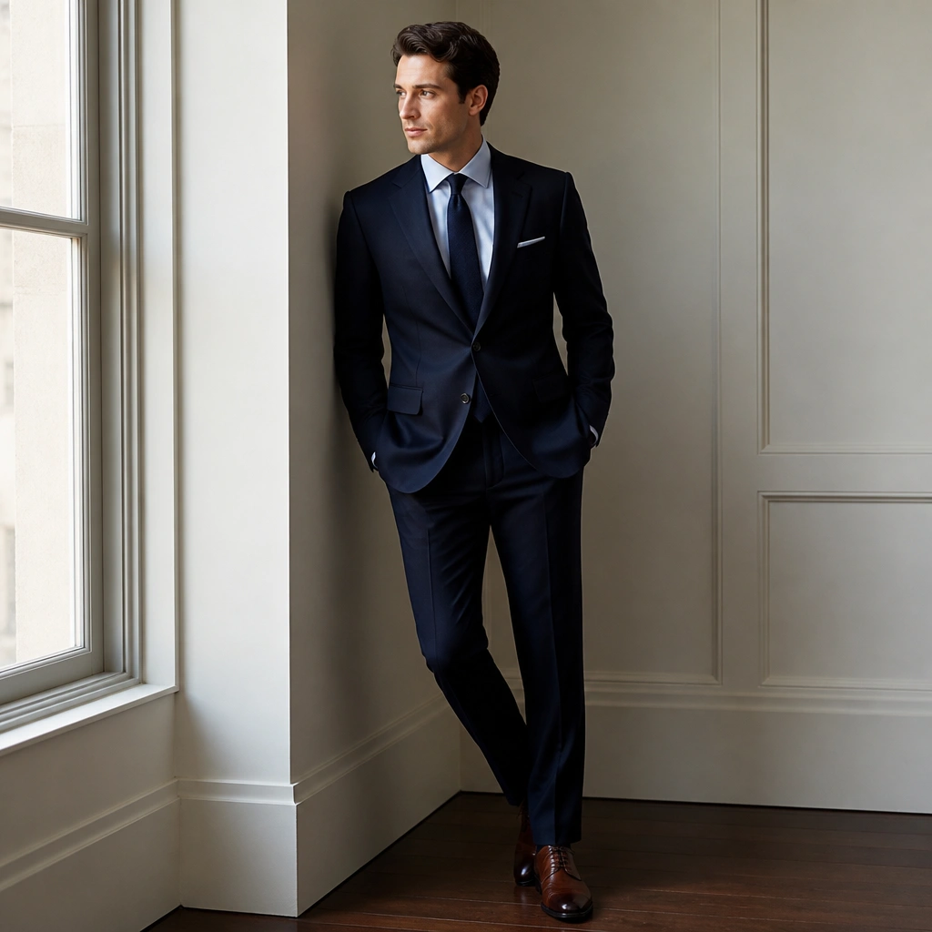 A midnight navy suit with sharp lapels. A powder-blue dress shirt sits underneath, and a slim tie in deep navy with a faint sheen is centered. The shoes are dark brown leather with a clean toe shape.