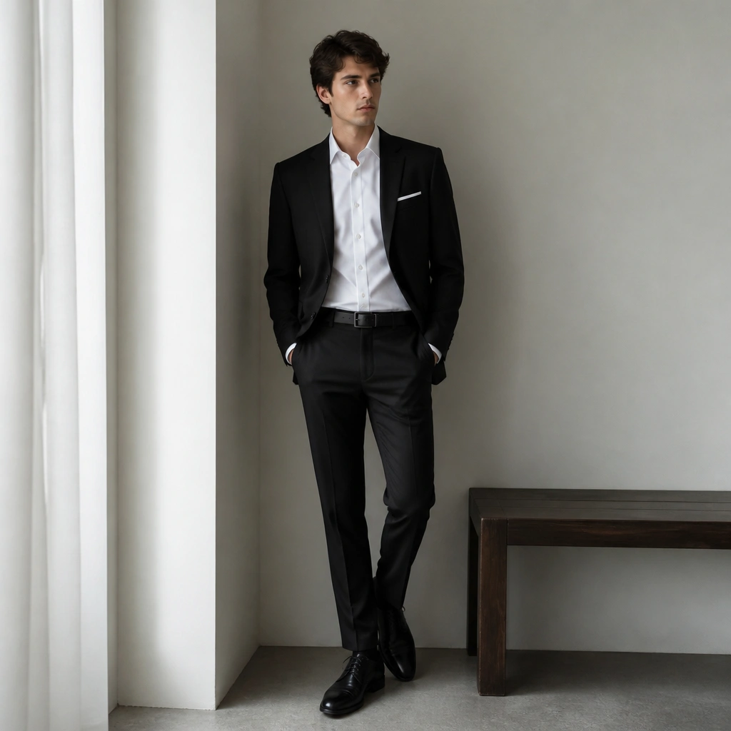 A black suit with a satin-free matte finish. The outfit includes a white pocket square folded flat and a black belt with a simple matte buckle. The shirt is crisp white with a low-contrast collar. Black Oxford shoes finish the set.
