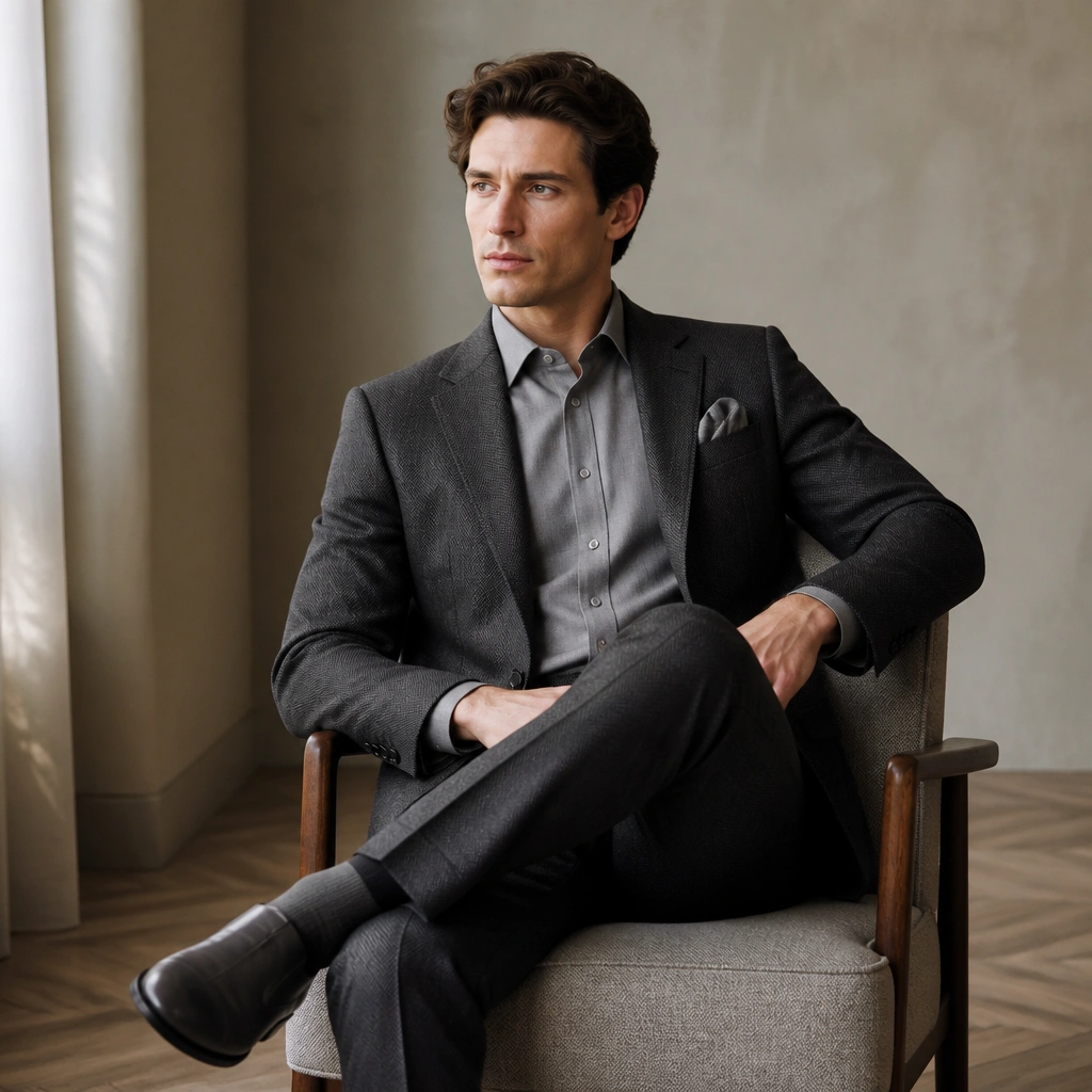 A charcoal suit featuring a subtle herringbone weave. The shirt is tonal gray (slightly lighter than the suit), with a neatly pressed collar. A gray pocket square and dark gray leather shoes are shown.