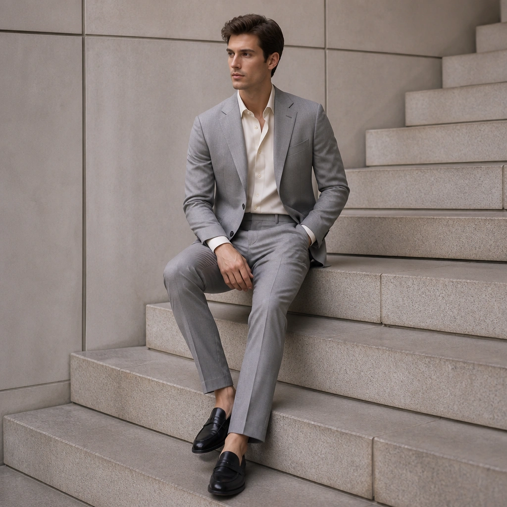 A light gray suit in a smooth, fine weave. The dress shirt is off-white, and the cuffs are neatly shown. The socks are minimal and not visible above the shoe line. The shoes are polished dark gray or black loafers.