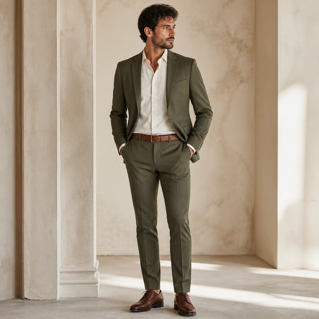 An olive green suit with a modern slim fit. Underneath is a cream dress shirt with a subtle texture. The belt is tan-brown leather with a minimal buckle. Shoes are dark brown leather oxfords.