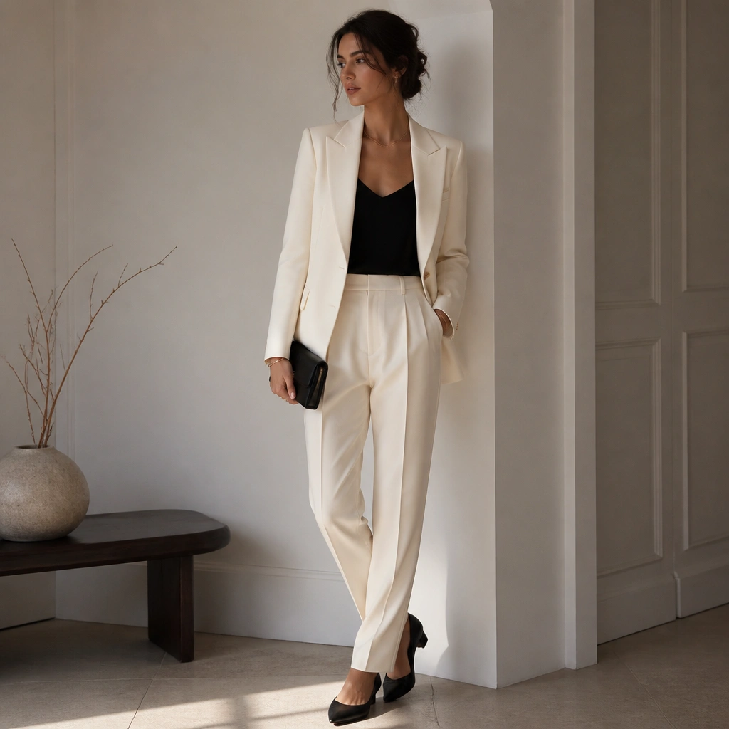 A women’s cream tailored blazer with clean lapels paired with matching high-waisted trousers. A black camisole or fitted top sits underneath. The shoes are black pointed flats. Minimal jewelry and a small structured clutch appear in the frame.