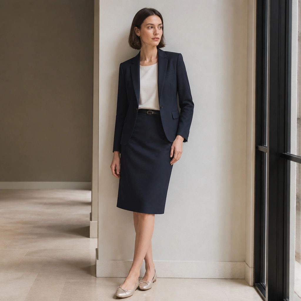 A midnight navy jacket paired with a matching knee-length skirt. The fabric looks matte and tailored. Underneath is a simple light top, and the shoes are nude or metallic flats with low shine. A small belt or narrow waistband detail is visible.