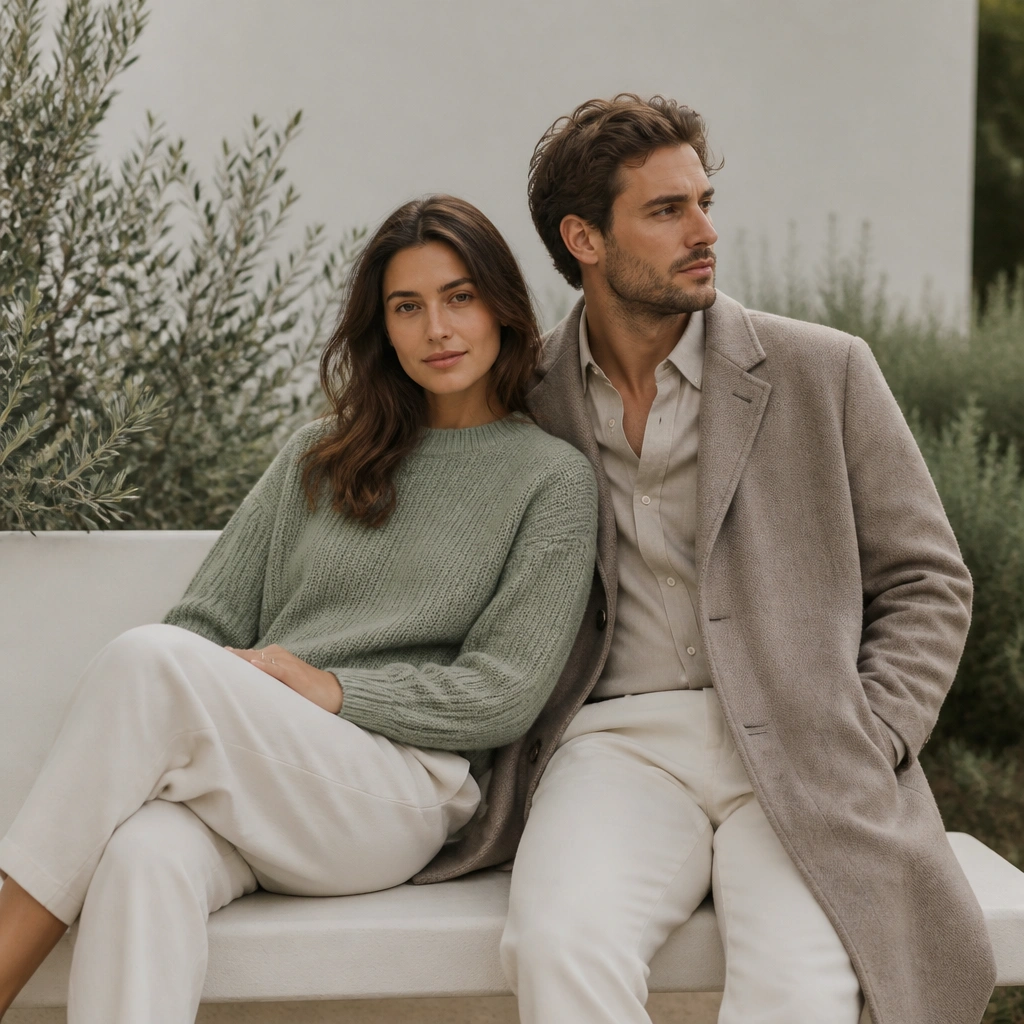 A couple seated on a minimal bench outdoors, the woman wearing a sage knit sweater and light trousers, the man in a stone overcoat over a neutral shirt; pale greenery sits behind them.