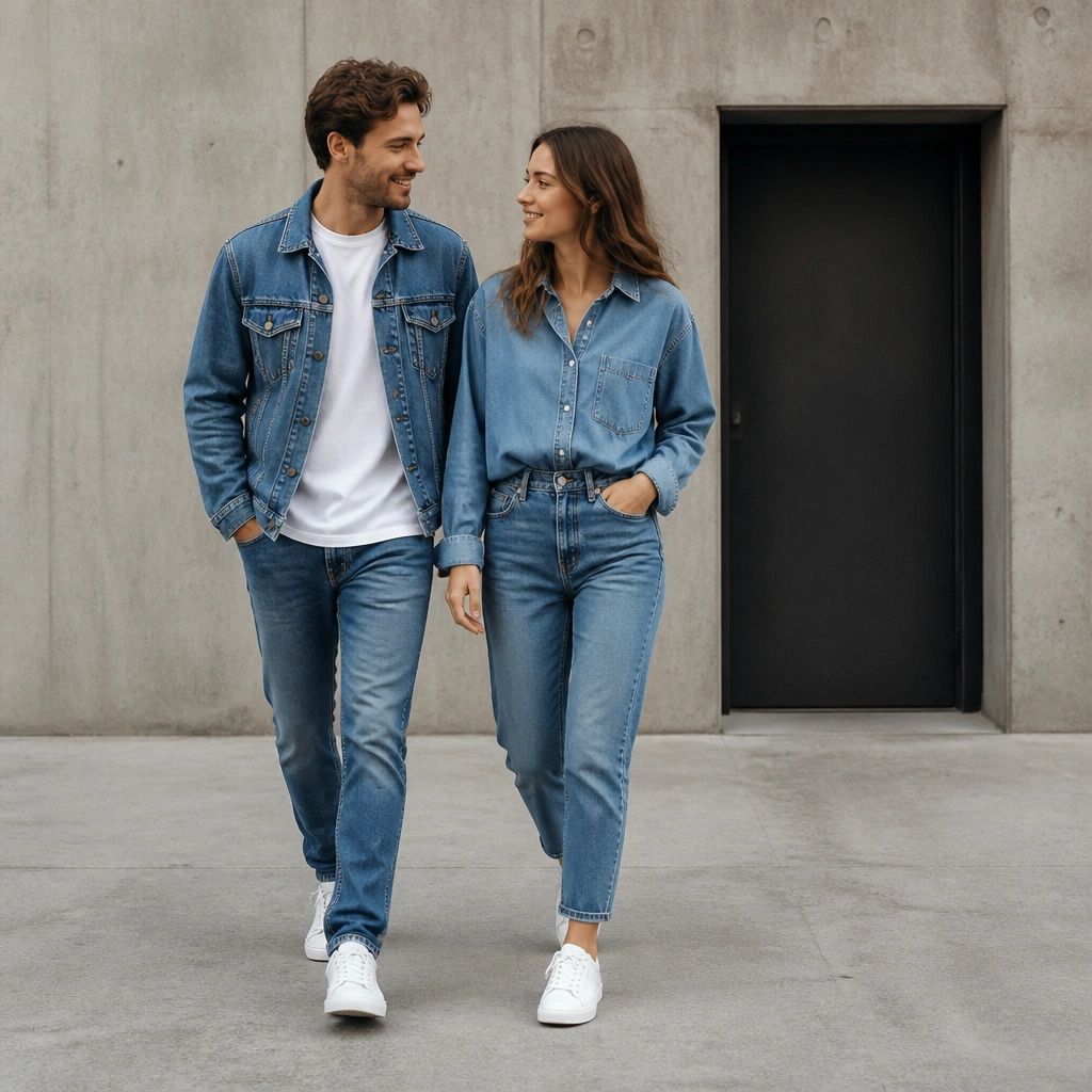 A couple walking side-by-side in matching blue denim tones, both wearing white low-top sneakers; they’re set against a smooth concrete wall with a single dark doorway.