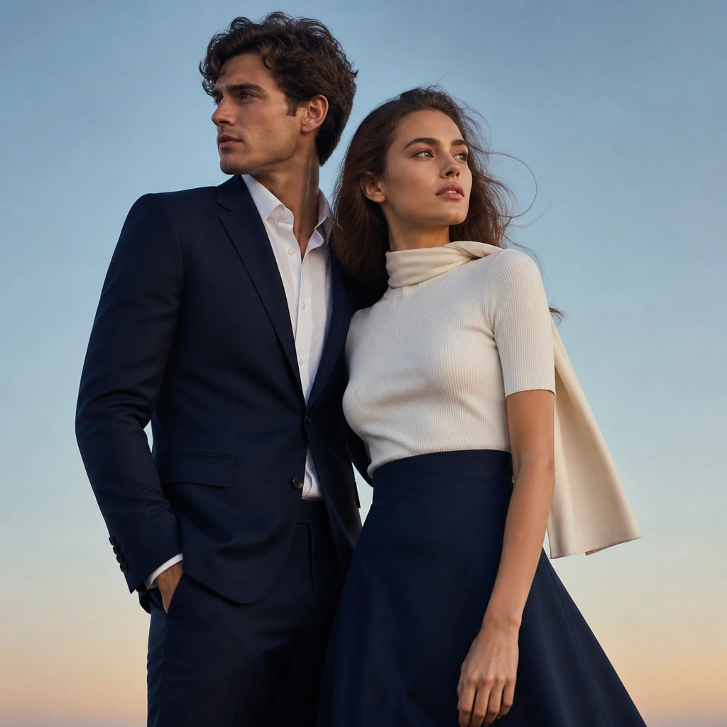 The man in a navy tailored blazer and trousers, the woman in a cream fitted top with a navy skirt; a cream scarf drapes lightly at the woman’s neck, with a calm sky gradient background.